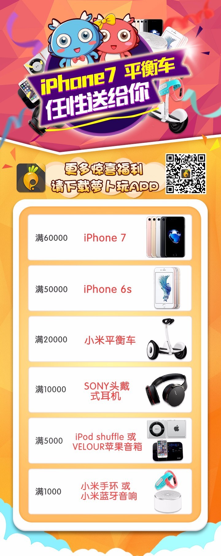 iPhone 7、6s、小米平衡车，点击查看领取方式